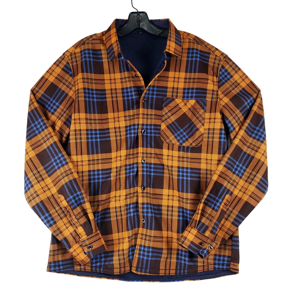 Plaid Fleece Lined Flannel Shirt Mens L Yellow Brown Blue Outdoor Workwear